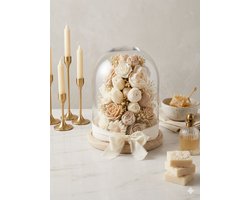 Glazen Stolp met Kunstbloemen – Luxe Woondecoratie in Crème & Beige – Bloemenarrangement met Houten Voet – Tafeldecoratie Cadeau - Moederdag