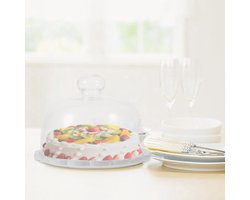 Glazen stolp met porseleinen kaasplaat en serveerplaat - voor taart en kaas - decoratieve bekleding