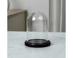 Glazen Stolp Pot met Zwart Houten Basis - 9,7 cm - Doorzichtig - Decoratief - Tafeltop Display Bak met Tray voor Fee Lichtjes, Kopstukken en Antieke Items