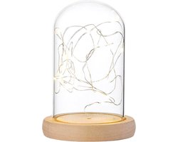 Glazen Stolp - Stolplamp - Houten voet - met Ledverlichting - 16 x 11 cm - Decoratie