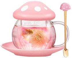 Glazen theekop schattige champignonmok met lepel - 290 ml - Roze - Hittebestendig
