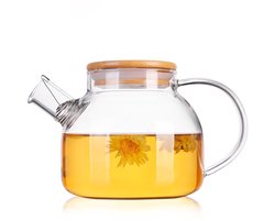 Glazen theepot met bamboe deksel en roestvrijstalen filter - 1000ML - ideaal voor fruitthee