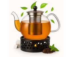 Glazen Theepot met Filter (RVS) - 1.2 Liter - Thee Infuser – Borosilicaat – Anti-druppel tuit + Warmhouder Zwart