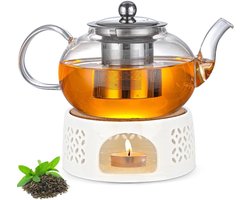 Glazen theepot met infuser en theewarmer - 1000 ml capaciteit - voor zwarte thee, groene thee, vruchtenthee
