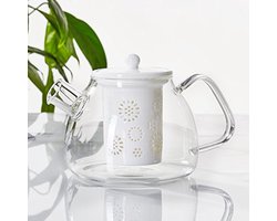Glazen theepot met porseleinen filter - 1000ml - wit - ideaal voor thee liefhebbers