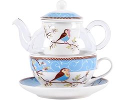 Glazen theepot met porseleinen infuser - Theekop en schotel set - 1 stuk - Blauw