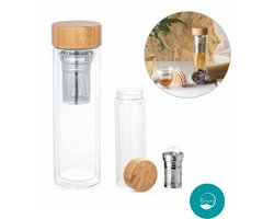 Glazen thermosfles 400 ml met bamboe deksel en thee - infuser – dubbelwandig geïsoleerd, warm & koud