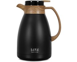 Glazen thermoskan 1,5 liter, mat zwart met houten accenten