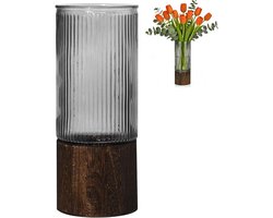 Glazen vaas 25cm - cilindrisch met houten basis - ribbelontwerp - voor woonkamer - Homevero