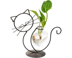 Glazen Vaas Kat - Plant Terrarium Hydrocultuur - Planten Decoratie - Artistiek Metalen Frame