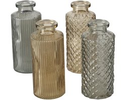 Glazen Vaas Set - Decoratieve Vazen - Woonkamer Decoratie - Relief Afwerking - 14 cm Hoog - Grijs