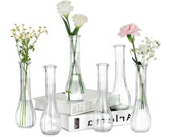 Glazen Vaasjes voor Bloemen - Bruiloft Decoratie - Decoratieve Vaas - Klein Vaasje - Party Tafeldecoratie - Heldere Geribbelde Vaas - Huiskamer Accessoire - 6 Stuks - 21,7cm Hoog - Geschikt voor Bloemen - Transparant Kleur