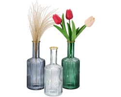 glazen vazen - set van 3 - smalle hals - 20,5 x 8 cm - gegroefd design - vintage