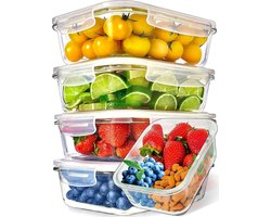 Glazen Vershoudbakjes - Meal Prep Bakjes - 4-delige Glazen Vershoudbakjes Set - Oven- & Magnetronbestendig - Bewaarbakjes met Deksel - 4 Stuks - Witte Kleur - Glas