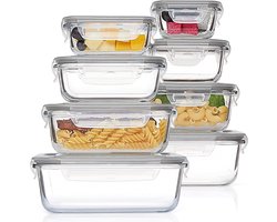 Glazen Vershoudbakjes Set 8-delig – Meal Prep Bakjes van Borosilicaatglas – Luchtdicht & Lekvrij – Oven/Magnetron/Vriezer Bestendig – BPA-vrij – Stapelbare Voedselcontainers voor Lunch, Restjes & Gezonde Maaltijden