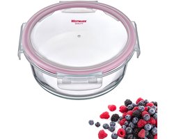 Glazen vershouddoos, rond, vulvolume: 950 ml, magnetron- en ovenbestendig, glas/siliconen/kunststof, transparant/rood