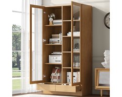Glazen vitrine - kantoorkast - boekenkast - archiefkast - scheidingsplanken niet verstelbaar - lade zonder handvat - 80x40x160 cm - houtkleur
