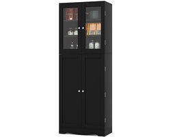 Glazen Vitrine – Keukenkast 161,5 cm Hoog met 2 Glazen Deuren & 2 Dichte Deuren – Scandinavische Stijl – Zwart – Opbergkast