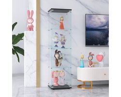 Glazen vitrinekast 161x41x35cm 4-laags opbergvitrinekast met deur, zwart verticaal glas, moderne glazen houten vitrinekast, 4-laags glazen vitrinekast voor verzamelobjecten, rode wijn, speelgoed, figuren
