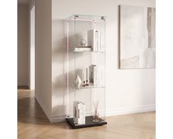 Glazen Vitrinekast, 3-Laags Verticaal Opbergmeubel voor Verzamelingen, Boeken, Wijn, Kantoor, Woonkamer, Keuken, 123,5x39,8x35cm, met Lichtstrip (Zwart)