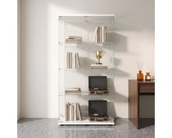 Glazen vitrinekast 80,5 x 36 x 164 cm – Vitrinekast met 2 deuren en slot – 4 planken display kast van gehard glas – wit vitrinekast voor woonkamer en kantoor