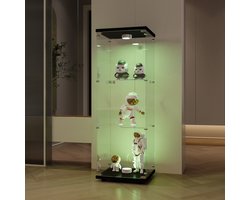 Glazen vitrinekast met dimbare ledlamp en slot, 3 niveaus, zwarte vitrinekast, woonkamer, slaapkamer, kantoor