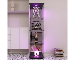 Glazen vitrinekast met LED, Moderne vitrinekast met 4 planken van ESG-Spiegelglas, verzamelvitrine voor bar, woonkamer, 164 x 42,5 x 36,5 cm, Zwart