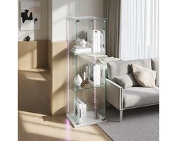 Glazen Vitrinekast met LED-Verlichting, 3 Legplanken, Wit, Slot & Anti-Kantel