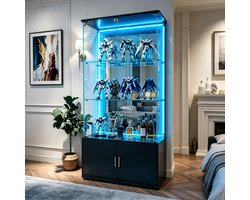 Glazen vitrinekast met LED-verlichting en kastje – 4 planken vitrinekast van gehard glas – grote display kast / wandvitrine voor verzamelobjecten, LEGO en decoratie – 164 × 78,5 × 35 cm – Zwart