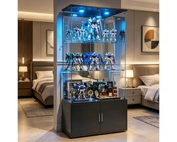 Glazen vitrinekast met LED-verlichting en slot – 4 planken vitrinekast van gehard glas – grote display kast / wandvitrine voor verzamelobjecten, LEGO en decoratie – 164 × 78,5 × 35 cm – Zwart