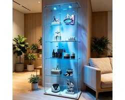 Glazen vitrinekast met LED-verlichting en slot – 5 planken vitrinekast van gehard glas – grote display kast / wandvitrine voor verzamelobjecten, LEGO en decoratie – Wit