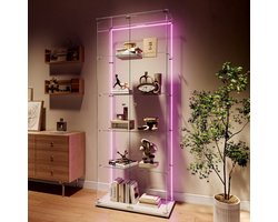 Glazen vitrinekast met LED-verlichting en slot – 5 planken vitrinekast van gehard glas – grote display kast / wandvitrine voor verzamelobjecten, LEGO en decoratie – 186,5 x 78,5 x 34,5 cm – Wit