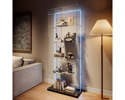 Glazen vitrinekast met LED-verlichting en slot – 5 planken vitrinekast van gehard glas – grote display kast / wandvitrine voor verzamelobjecten, LEGO en decoratie – 186,5 x 78,5 x 34,5 cm – Zwart