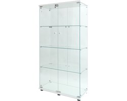 Glazen vitrinekast met LED-verlichting – Vitrinekast met 2 deuren en slot – 4 planken display kast van gehard glas – wit vitrinekast voor woonkamer en kantoor