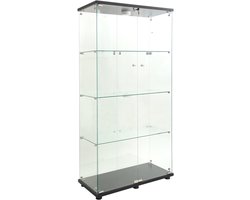Glazen vitrinekast met LED-verlichting – Vitrinekast met 2 deuren en slot – 4 planken display kast van gehard glas – zwart vitrinekast voor woonkamer en kantoor
