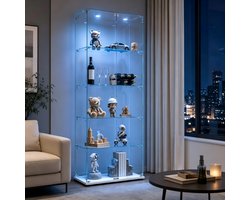 Glazen vitrinekast met LED-verlichting, vrijstaande boekenkast van gehard glas, 5 legplanken voor decoratie en verzamelobjecten woonkamer，wit