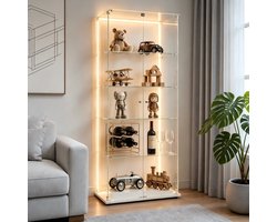 Glazen vitrinekast met LED-verlichting, vrijstaande boekenkast van gehard glas, 5 legplanken voor decoratie en verzamelobjecten woonkamer，wit