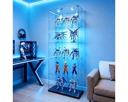 Glazen vitrinekast met LED-verlichting, vrijstaande boekenkast van gehard glas, 5 legplanken voor decoratie en verzamelobjecten woonkamer，Zwart