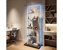 Glazen vitrinekast met LED-verlichting, vrijstaande boekenkast van gehard glas, 5 legplanken voor decoratie en verzamelobjecten woonkamer，Zwart