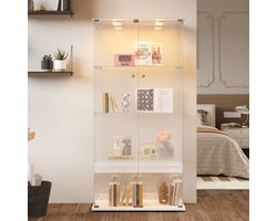 Glazen vitrinekast met ledverlichting, moderne glazen vitrinekast voor verzamelobjecten, boeken, wijn, 4 glazen planken en 2 afsluitbare deuren, 163 x 78,5 x 35 cm, wit (tapverlichting)