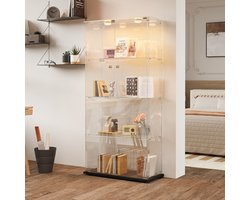 Glazen vitrinekast met ledverlichting, moderne glazen vitrinekast voor verzamelobjecten, boeken, wijn, 4 glazen planken en 2 afsluitbare deuren, 163 x 78,5 x 35 cm, zwart (tapverlichting)