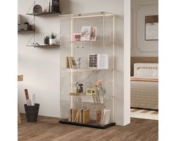 Glazen vitrinekast met ledverlichting, moderne glazen vitrinekast voor verzamelobjecten, boeken, wijn, 4 glazen planken en afsluitbare deuren, 163 x 78,5 x 35 cm, zwart