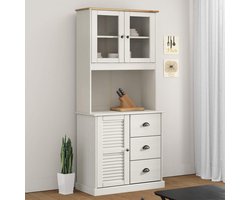 Glazen Vitrinekast - Opzetkast Buffetkast - Servies Opbergen - Massief Grenenhout - 78 x 30 x 100 cm - Wit
