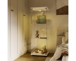 Glazen vitrinekast, staande vitrinekast met LED-verlichting en slot, verzamelvitrine, staande vitrinekast met 3 lagen, vitrinekast voor verzamelaars, boeken, wijn, kantoor, woonkamer (wit, 125x42x36cm)