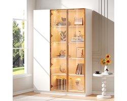 Glazen Vitrinekast - Wijnkast Boekenkast - Decoratie Presenteren - Drie Deuren LED - 165 cm Hoog - Wit