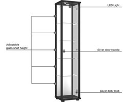 Glazen Vitrinekast Zwart met Verstelbare Leggers, Spiegel en LED Verlichting - Ideaal voor Verzamelobjecten