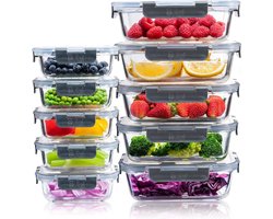 Glazen voedselbewaardozen - maaltijdbereidingsdozen met klikslot - lekvrije deksels - herbruikbaar - magnetronveilig - BPA-vrij - lunchdozen - 10 stuks (1050 ml & 370 ml) Meal prep bakjes