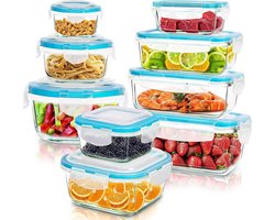Glazen voorraadbus voor levensmiddelen - 18 stuks - vaatwasmachinebestendig - magnetron- en vriezervriendelijk - lekvrij - BPA-vrij - opbergcontainers met deksels Meal prep bakjes