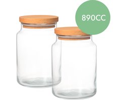 Glazen voorraadpot met houten luchtdichte deksel | 2 x 890 cc | voorraadpotten glas met deksel | vershoudbakjes | Houten deksel | voorraadpotten glas | voorraadpot koffie | snoeppot glas met deksel | kruidenrek | kruidenrek potjes