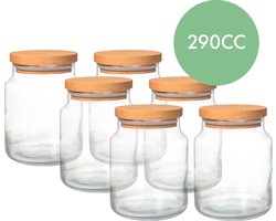 Glazen voorraadpot met houten luchtdichte deksel | 6 x 290 cc | voorraadpotten glas met deksel | vershoudbakjes | Houten deksel | voorraadpotten glas | voorraadpot koffie | snoeppot glas met deksel | kruidenrek | kruidenrek potjes